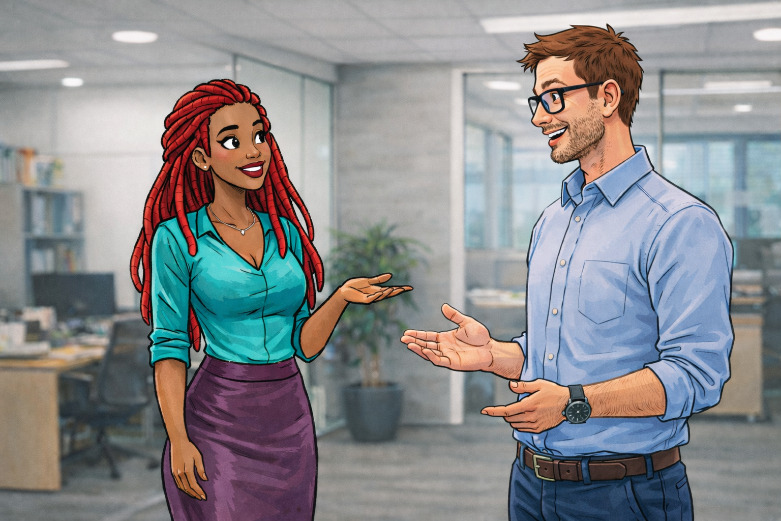 Collage aus Fotohintergrund und Illustration: Eine gezeichnete Frau mit roten Dreadlocks spricht im Büro mit einem gezeichneten Kollegen, während das Büro selbst ein reales Foto mit Schreibtischen und Glaswänden ist.