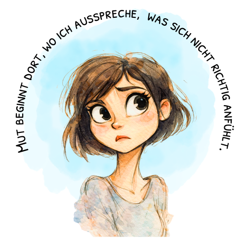 Aquarellillustration einer Frau die ängstlich schaut. Darüber der Spruch: Mut beginnt dort, wo ich ausspreche, was sich nicht richtig anfühlt.