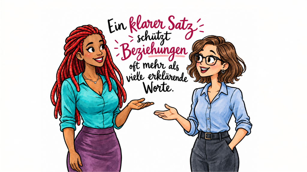 Handgezeichnete Aquarell-Illustration auf weißem Hintergrund: Zwei Frauen stehen sich im Gespräch gegenüber. Links eine Frau mit langen roten Zöpfen, türkisfarbener Bluse und violettem Rock, rechts eine Frau mit braunem Bob, schwarzer Brille und hellblauer Bluse. Beide gestikulieren offen und freundlich miteinander. Zwischen ihnen steht der Satz: „Ein klarer Satz schützt Beziehungen oft mehr als viele erklärende Worte.“