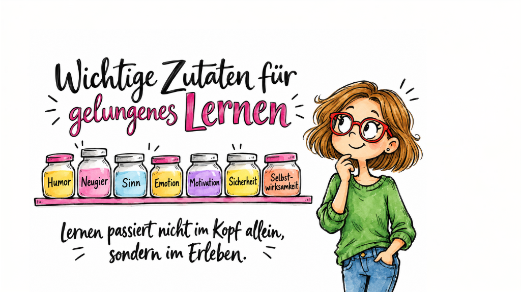 Grafik mit dem Titel „Wichtige Zutaten für gelungenes Lernen“. Auf zwei Regalbrettern stehen farbige Gläser mit den Begriffen Humor, Neugier, Sinn, Emotion, Motivation, Sicherheit, Begleitung und Selbstwirksamkeit. Darunter der Satz: „Lernen passiert nicht im Kopf allein, sondern im Erleben.“ Rechts eine farbig gezeichnete Frau mit Brille vor unscharfem Flur-Fotohintergrund.
