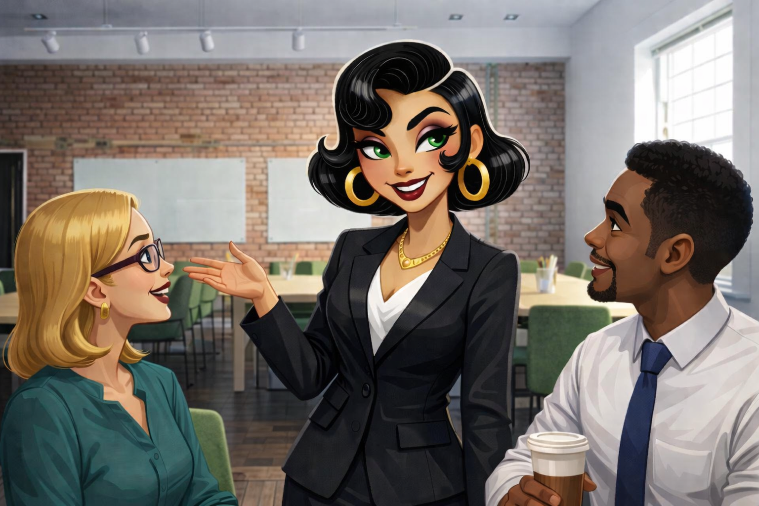 Eine stilisierte Cartoon-Geschäftsszene in einem modernen Besprechungsraum: Eine selbstbewusst lächelnde Frau mit schwarzen Retro-Locken, goldenen Ohrringen und schwarzem Blazer erklärt gestikulierend etwas zwei Kolleg:innen. Links sitzt eine blonde Frau mit Brille und grünem Oberteil und hört aufmerksam zu, rechts ein Mann mit Hemd und Krawatte, der einen Kaffeebecher hält und interessiert zur Sprecherin blickt. Im Hintergrund stehen Tische, Stühle und eine Ziegelwand mit Whiteboards.