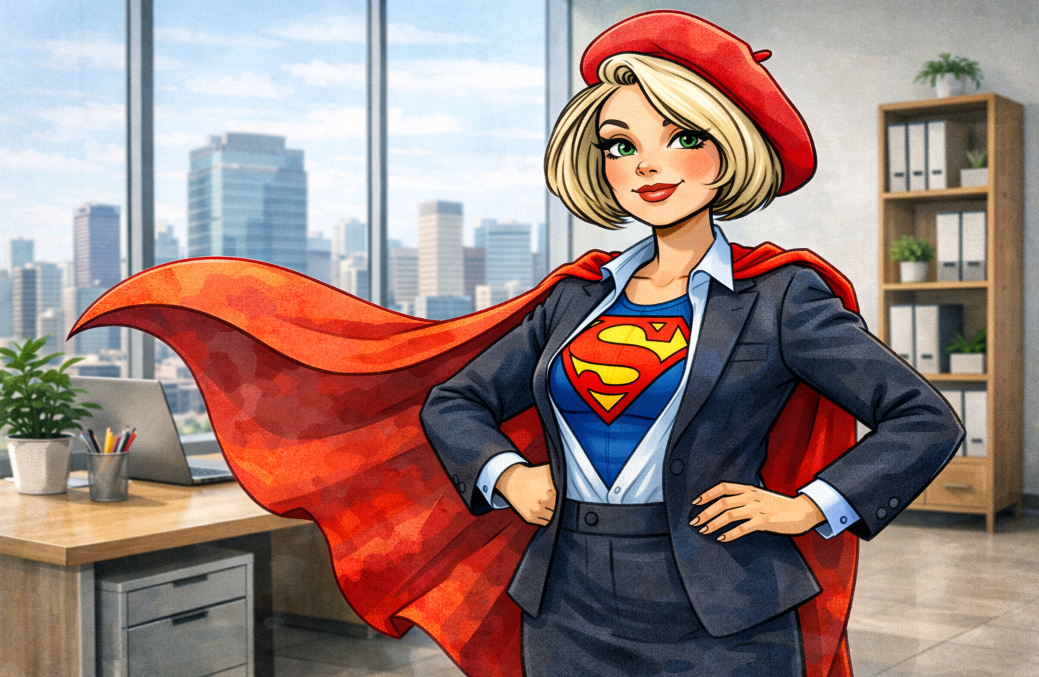 Eine selbstbewusst lächelnde Frau im Comic-Stil steht in einem modernen Büro vor einer Fensterfront mit Stadtblick. Sie trägt Businesskleidung mit Blazer und Rock, dazu ein Superhelden-T-Shirt mit großem „S“-Symbol und einen roten Umhang sowie ein rotes Barett. Mit den Händen in die Hüften gestemmt wirkt sie stark und entschlossen; im Hintergrund stehen Schreibtisch, Laptop und Ordnerregal.