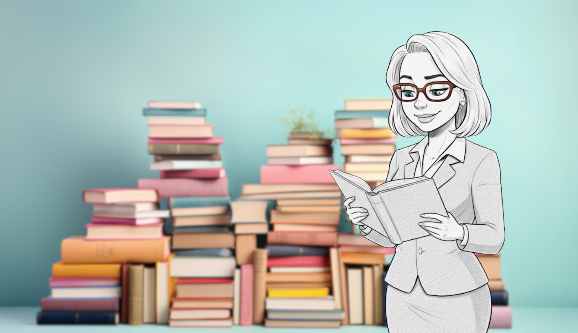 Illustration einer lesenden Frau vor einem Stapel aus vielen bunten Büchern, die symbolisch für Bücher, kreative Projekte und Bildungsarbeit stehen.