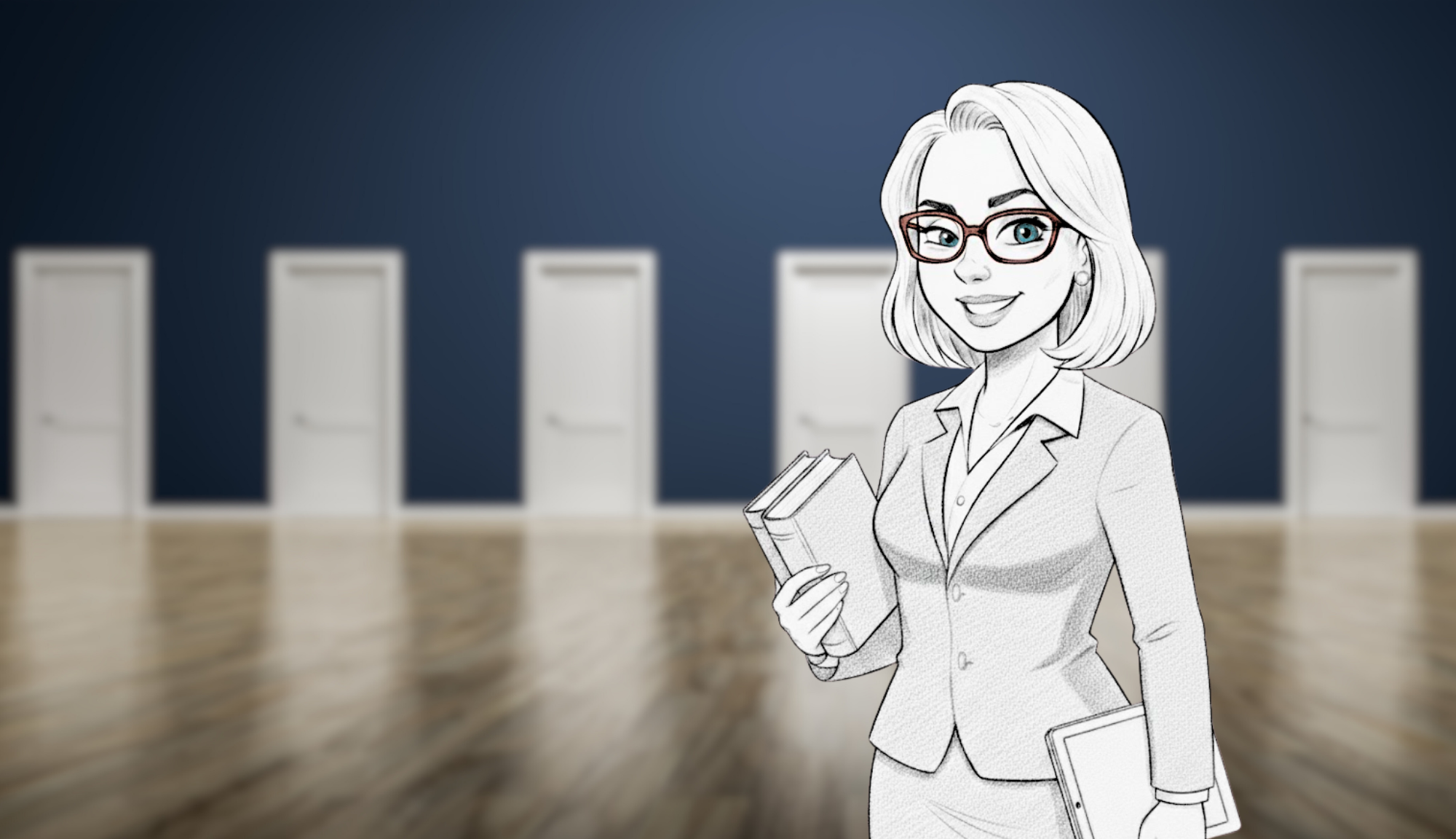 Illustration einer freundlichen Frau mit Büchern und Tablet vor einem leicht verschwommenen Raum mit mehreren weißen Türen, die symbolisch für verschiedene Lebens- und Bildungswege stehen.