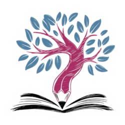 Logo von einem Baum, dessen Stamm sich in einen Bleistift auf einem Buch verwandelt.