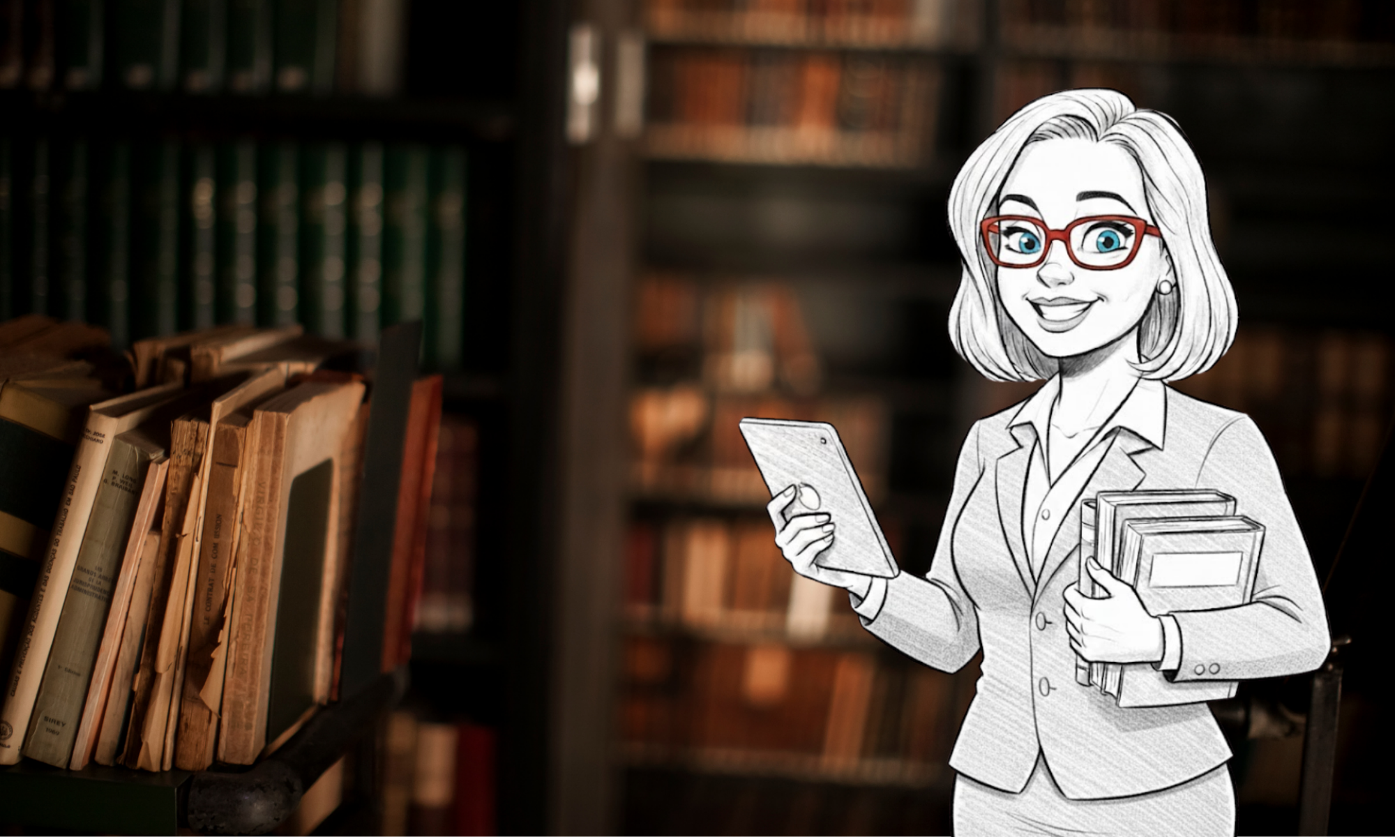 Illustration Yvonne Schütt Bleistiftzeichnung in einer alten Bibliothek.