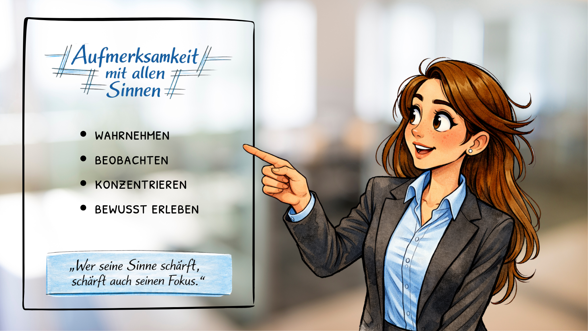 Aquarellartige Illustration einer aufmerksam wirkenden Frau im Business-Anzug, die nach links auf ein Flipchart zeigt. Auf dem Flipchart steht der Titel „Aufmerksamkeit mit allen Sinnen“. Darunter befinden sich die Stichpunkte „Wahrnehmen“, „Beobachten“, „Konzentrieren“ und „Bewusst erleben“. Am unteren Rand steht das Zitat: „Wer seine Sinne schärft, schärft auch seinen Fokus.“ Der Hintergrund ist weich und unscharf, wodurch der Fokus auf der Präsentation liegt.
