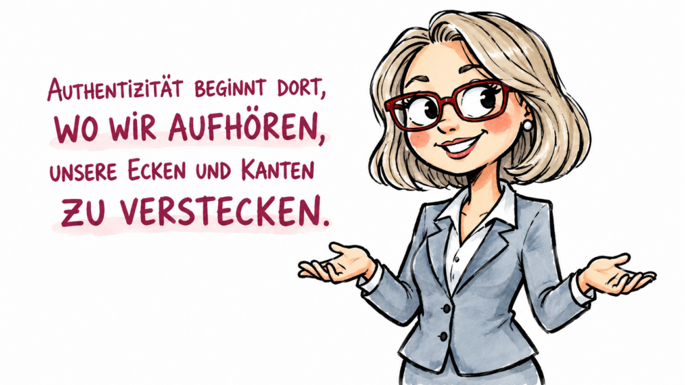 Illustration auf weißem Hintergrund im verspielten, handgezeichneten Cartoon-Aquarellstil. Links steht in pinker, handgeschriebener Schrift das Zitat: „Authentizität beginnt dort, wo wir aufhören, unsere Ecken und Kanten zu verstecken.“ Rechts steht eine freundlich lächelnde, blonde Frau mit roter Brille und blaugrauem Businesskostüm. Sie hebt beide Hände offen nach außen, als würde sie den Spruch präsentieren.