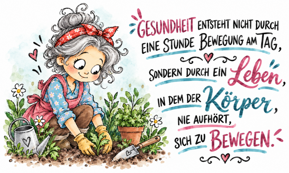 Illustration im Aquarell-Comicstil mit kräftigen Outlines: Eine ältere japanische Frau mit grauen Haaren und rotem Kopftuch arbeitet konzentriert im Garten und pflanzt Gemüse. Neben ihr steht ein Korb mit frischem Gemüse. Im Hintergrund sind Pflanzen und Tomaten zu sehen. Rechts im Bild steht der Text: „Gesundheit entsteht nicht durch eine Stunde Bewegung am Tag, sondern durch ein Leben, in dem der Körper nie aufhört, sich zu bewegen.
