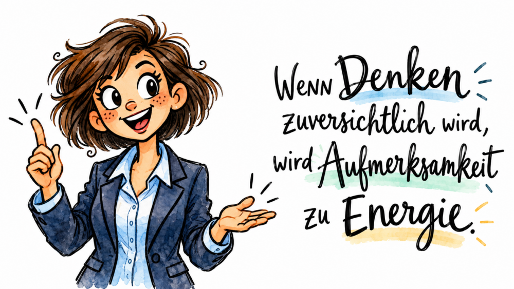 Illustration im Aquarellstil einer lächelnden Referentin im Businessoutfit, die mit erhobenem Finger und offener Hand eine Idee erklärt. Der Hintergrund zeigt einen hellen, unscharfen Seminarraum. Daneben steht der Text: „Wenn Denken zuversichtlich wird, wird Aufmerksamkeit zu Energie.“