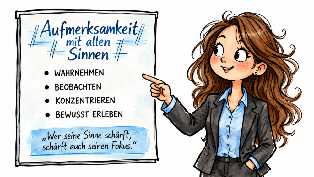 Aquarellartige Illustration einer aufmerksam wirkenden Frau im Business-Anzug, die nach links auf ein Flipchart zeigt. Auf dem Flipchart steht der Titel „Aufmerksamkeit mit allen Sinnen“. Darunter befinden sich die Stichpunkte „Wahrnehmen“, „Beobachten“, „Konzentrieren“ und „Bewusst erleben“. Am unteren Rand steht das Zitat: „Wer seine Sinne schärft, schärft auch seinen Fokus.“ Der Hintergrund ist weich und unscharf, wodurch der Fokus auf der Präsentation liegt.