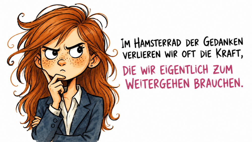 Illustration im Comic-Aquarellstil: Eine nachdenklich wirkende Geschäftsfrau mit roten Haaren, Sommersprossen und ernstem Blick hält sich grübelnd das Kinn. Sie trägt einen dunklen Blazer und schaut konzentriert nach vorn. Der Hintergrund zeigt einen unscharfen Büroflur. Rechts neben der Figur steht der Text: „Im Hamsterrad der Gedanken verlieren wir oft die Kraft, die wir eigentlich zum Weitergehen brauchen.“ Die ersten Zeilen sind schwarz, der zweite Teil des Satzes ist in Rosa hervorgehoben.