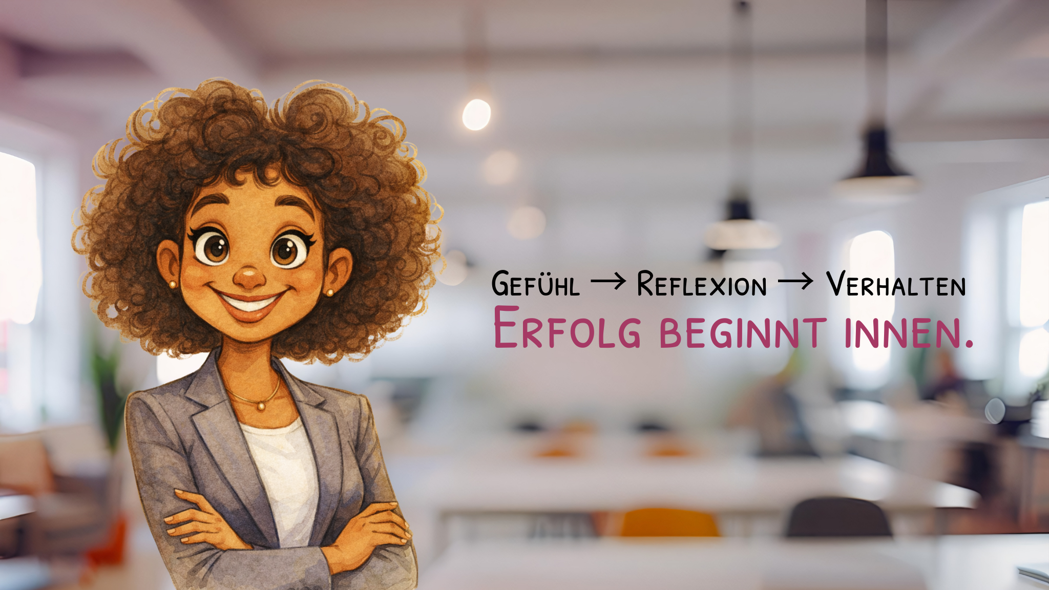 Illustration einer erfolgreichen Frau im Büro mit der Botschaft „Gefühl → Reflexion → Verhalten – Erfolg beginnt innen“.