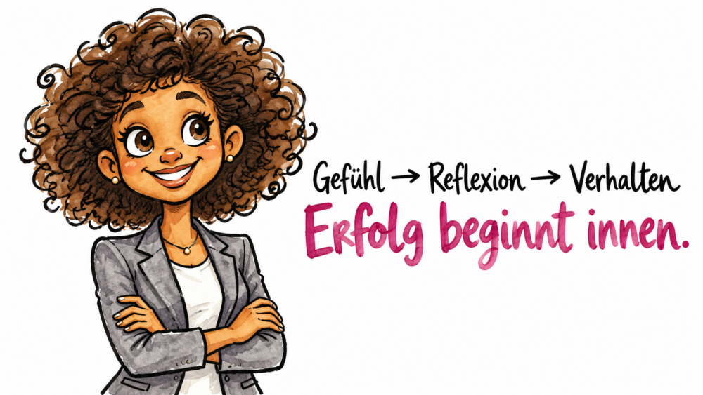 Illustration einer erfolgreichen Frau im Büro mit der Botschaft „Gefühl → Reflexion → Verhalten – Erfolg beginnt innen“.