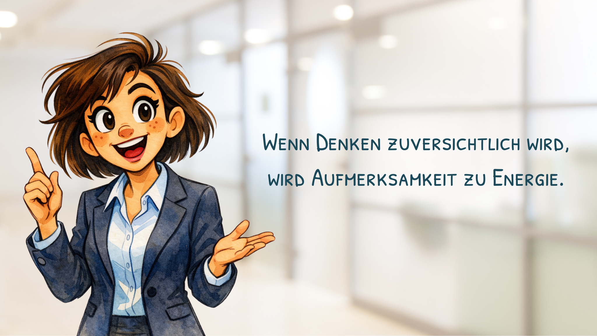 Illustration im Aquarellstil einer lächelnden Referentin im Businessoutfit, die mit erhobenem Finger und offener Hand eine Idee erklärt. Der Hintergrund zeigt einen hellen, unscharfen Seminarraum. Daneben steht der Text: „Wenn Denken zuversichtlich wird, wird Aufmerksamkeit zu Energie.“