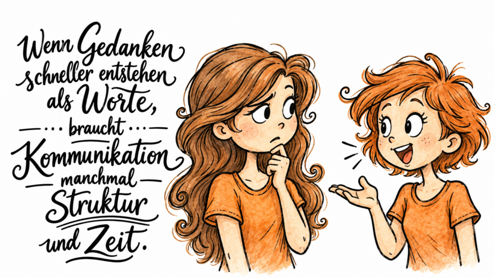 Illustration von zwei Personen im Gespräch: Eine Person denkt nach, während die andere gestikulierend spricht. Daneben steht der handgeschriebene Satz „Wenn Gedanken schneller entstehen als Worte, braucht Kommunikation manchmal Struktur und Zeit.