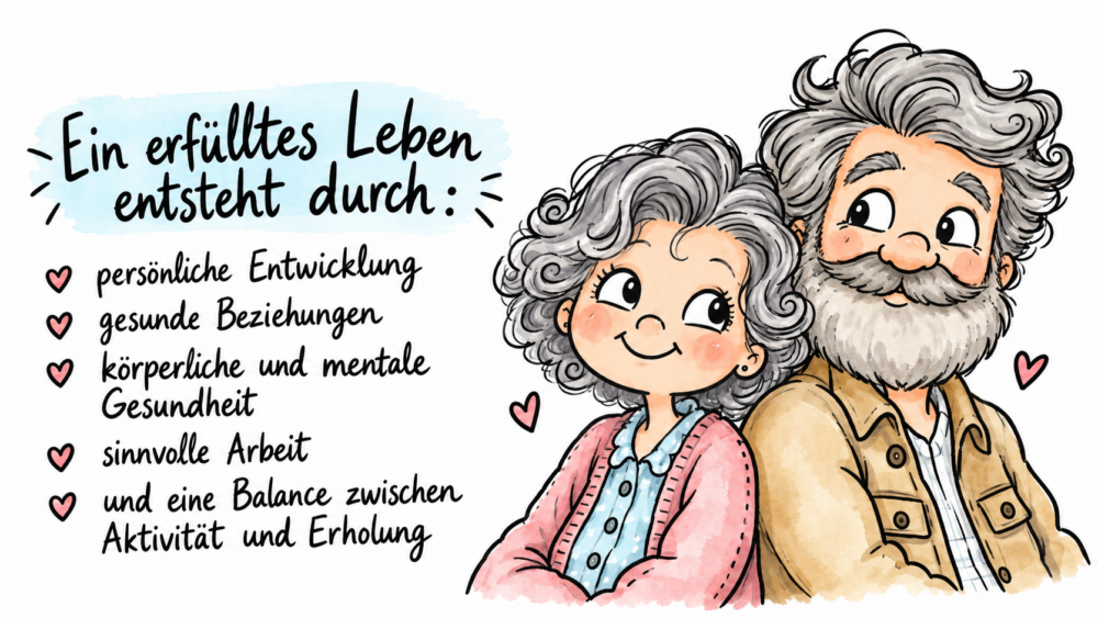 Illustration im warmen Aquarell-Comicstil: Ein älteres, freundlich lächelndes Paar sitzt gemeinsam auf einer Bank in einer grünen Parklandschaft. Links daneben steht in einer halbtransparenten Textbox: „Ein erfülltes Leben entsteht durch: persönliche Entwicklung, gesunde Beziehungen, körperliche und mentale Gesundheit, sinnvolle Arbeit sowie Balance zwischen Aktivität und Erholung.“ Die Szene vermittelt Ruhe, Lebensfreude und Verbundenheit.