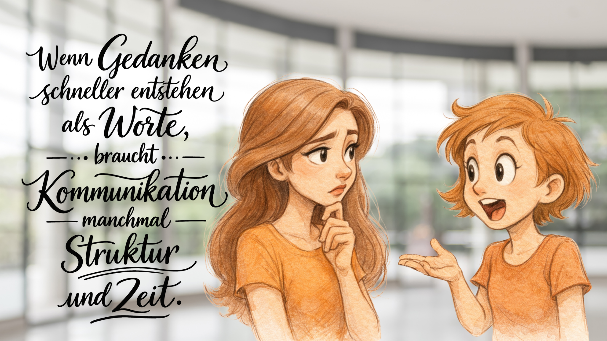Illustration von zwei Personen im Gespräch: Eine Person denkt nach, während die andere gestikulierend spricht. Daneben steht der handgeschriebene Satz „Wenn Gedanken schneller entstehen als Worte, braucht Kommunikation manchmal Struktur und Zeit.