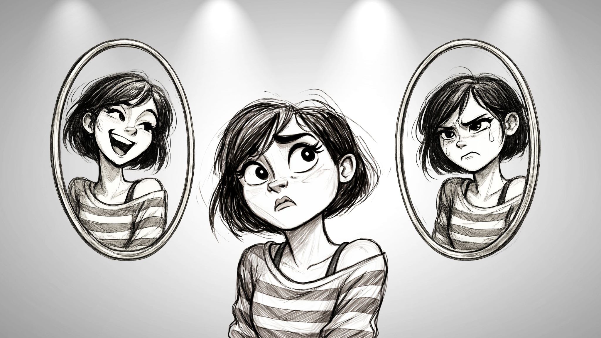 Die Illustration zeigt eine junge Frau im skizzenhaften Schwarz-Weiß-Stil in der Mitte, mit nachdenklich-unsicherem Blick. Links und rechts von ihr hängen zwei ovale Spiegel: Im linken Spiegel sieht man sie fröhlich lachend, offen und leicht. Im rechten Spiegel wirkt sie wütend und traurig, mit Tränen und angespannten Gesichtszügen. Die drei Darstellungen zeigen unterschiedliche emotionale Zustände derselben Person – als würden innere Gefühle und äußere Wahrnehmung nebeneinander sichtbar werden.