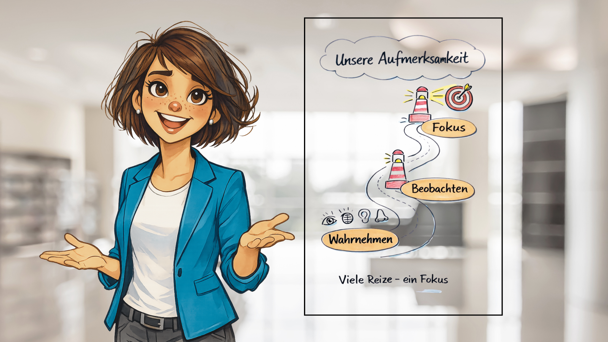 Illustration einer motivierenden Dozentin im Aquarell-Comicstil mit kurzen braunen Haaren und blauem Blazer. Neben ihr steht ein Flipchart mit dem Titel „Unsere Aufmerksamkeit“, das einen Weg mit drei Stationen zeigt: Wahrnehmen, Beobachten und Fokus.