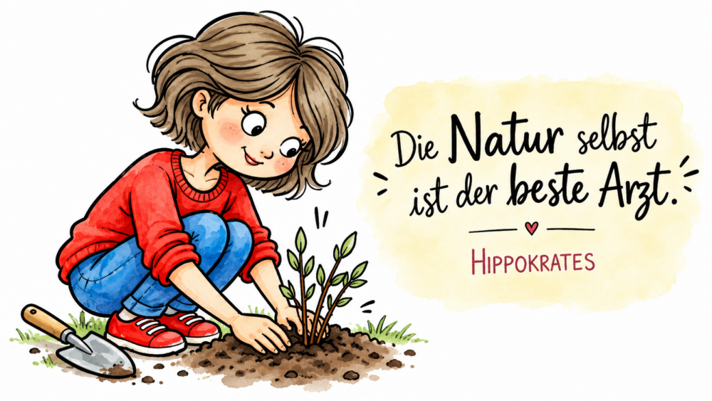 Illustration einer Frau im Garten, die eine frisch geschnittene Rosenpflanze in die Erde setzt. Im Hintergrund ein leicht verschwommener Garten. Daneben steht das Zitat: „Die Natur selbst ist der beste Arzt.“ – Hippokrates.