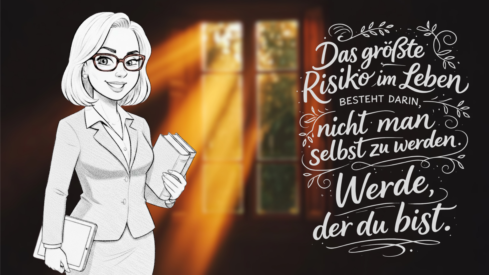 Illustration einer Frau im Comic-Stil mit Brille und schulterlangem Haar, die Bücher in der Hand hält. Im Hintergrund scheint warmes Sonnenlicht durch ein Fenster in einen Raum. Rechts neben der Figur steht ein dekorativ gestaltetes Handlettering-Zitat: „Das größte Risiko im Leben besteht darin, nicht man selbst zu werden. Werde, der du bist.“ Das Zitat ist mit verschnörkelten Linien und floralen Ornamenten gestaltet und hebt sich hell vom dunklen Hintergrund ab.