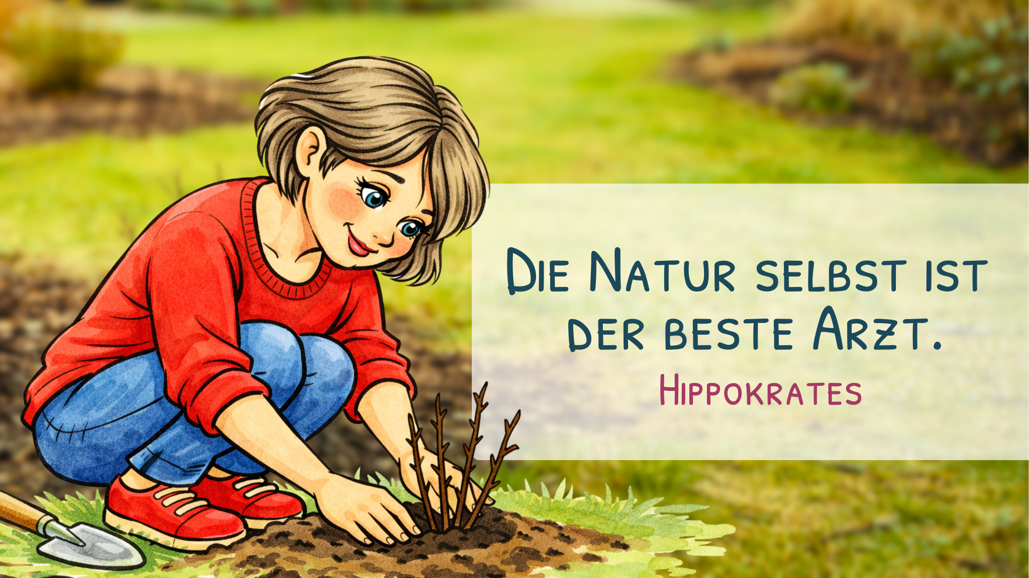 Illustration einer Frau im Garten, die eine frisch geschnittene Rosenpflanze in die Erde setzt. Im Hintergrund ein leicht verschwommener Garten. Daneben steht das Zitat: „Die Natur selbst ist der beste Arzt.“ – Hippokrates.