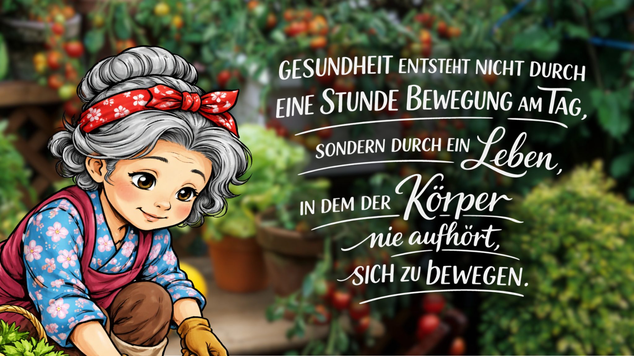 Illustration im Aquarell-Comicstil mit kräftigen Outlines: Eine ältere japanische Frau mit grauen Haaren und rotem Kopftuch arbeitet konzentriert im Garten und pflanzt Gemüse. Neben ihr steht ein Korb mit frischem Gemüse. Im Hintergrund sind Pflanzen und Tomaten zu sehen. Rechts im Bild steht der Text: „Gesundheit entsteht nicht durch eine Stunde Bewegung am Tag, sondern durch ein Leben, in dem der Körper nie aufhört, sich zu bewegen.