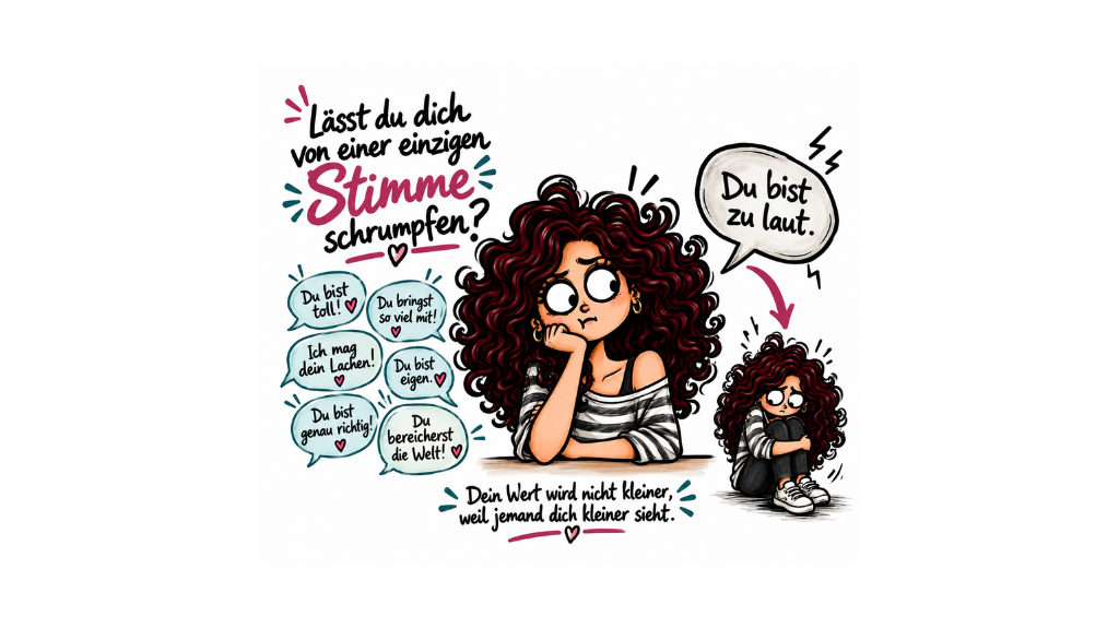 Illustration im Comicstil: Eine junge Frau mit langen, lockigen dunkelroten Haaren sitzt nachdenklich am Tisch. Links stehen positive Aussagen wie „Du bist toll!“, „Ich mag dich!“ und „Du zählst!“. Rechts sagt eine große Sprechblase „Du bist zu laut.“ und zeigt auf eine kleine, traurig zusammengesunkene Version der Frau. Darüber steht: „Lässt du dich von einer einzigen Stimme schrumpfen?“ Unten: „Dein Wert bleibt.“