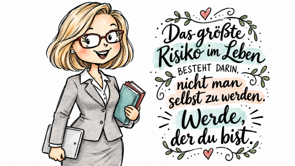Illustration einer Frau im Comic-Stil mit Brille und schulterlangem Haar, die Bücher in der Hand hält. Im Hintergrund scheint warmes Sonnenlicht durch ein Fenster in einen Raum. Rechts neben der Figur steht ein dekorativ gestaltetes Handlettering-Zitat: „Das größte Risiko im Leben besteht darin, nicht man selbst zu werden. Werde, der du bist.“ Das Zitat ist mit verschnörkelten Linien und floralen Ornamenten gestaltet und hebt sich hell vom dunklen Hintergrund ab.