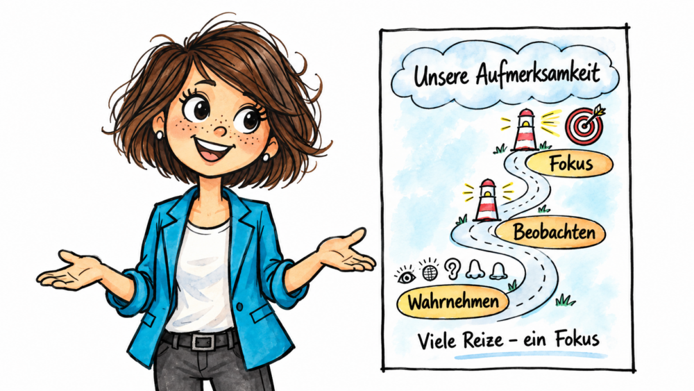 Illustration einer motivierenden Dozentin im Aquarell-Comicstil mit kurzen braunen Haaren und blauem Blazer. Neben ihr steht ein Flipchart mit dem Titel „Unsere Aufmerksamkeit“, das einen Weg mit drei Stationen zeigt: Wahrnehmen, Beobachten und Fokus.