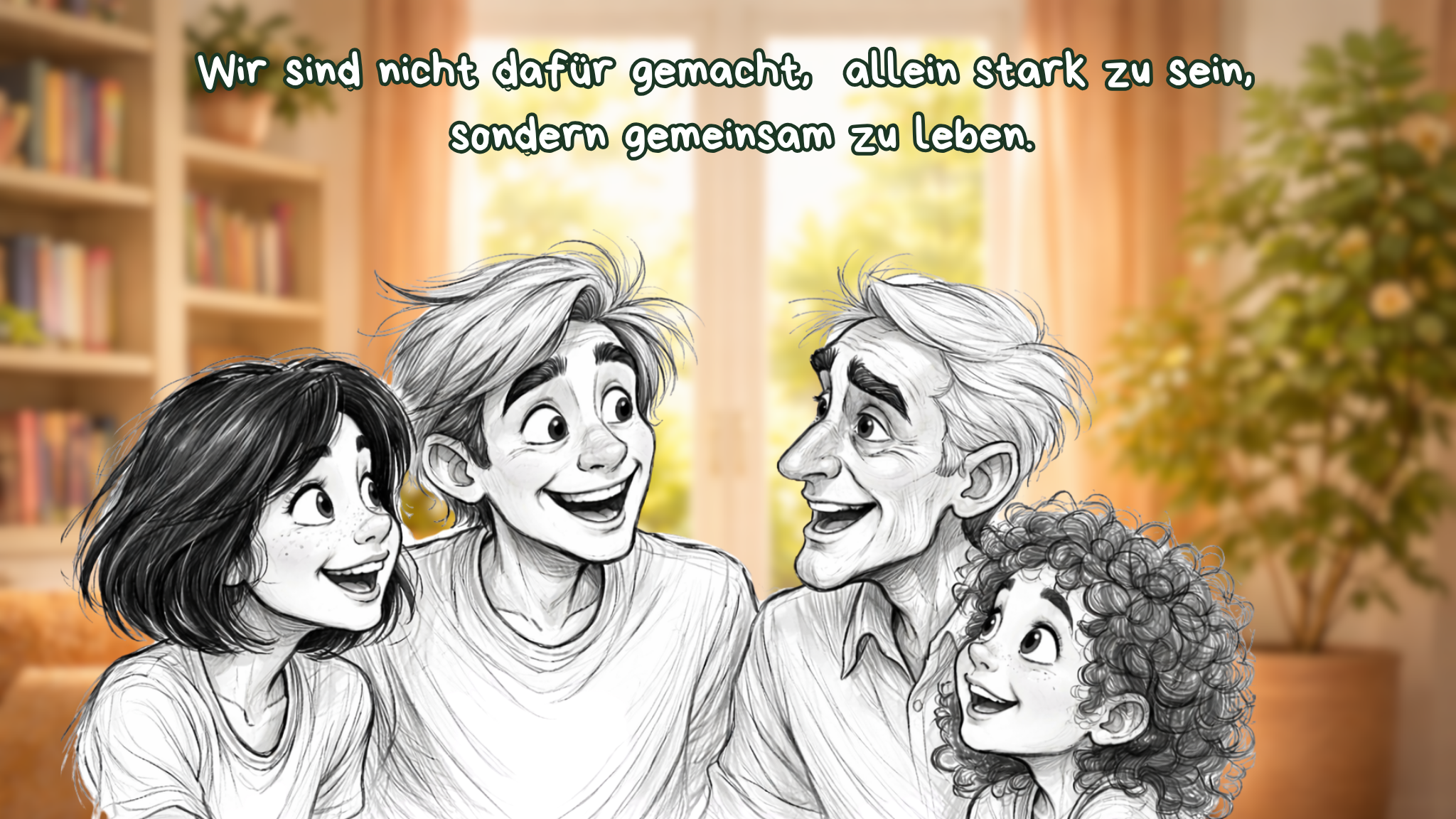 Illustration einer lächelnden Familie in warmem, gemütlichem Raum: Zwei Kinder und zwei Erwachsene schauen sich liebevoll an und wirken verbunden und fröhlich; im Hintergrund ein helles Wohnzimmer mit Pflanzen und Bücherregal. Darüber steht der Satz: „Wir sind nicht dafür gemacht, allein stark zu sein, sondern gemeinsam zu leben.“