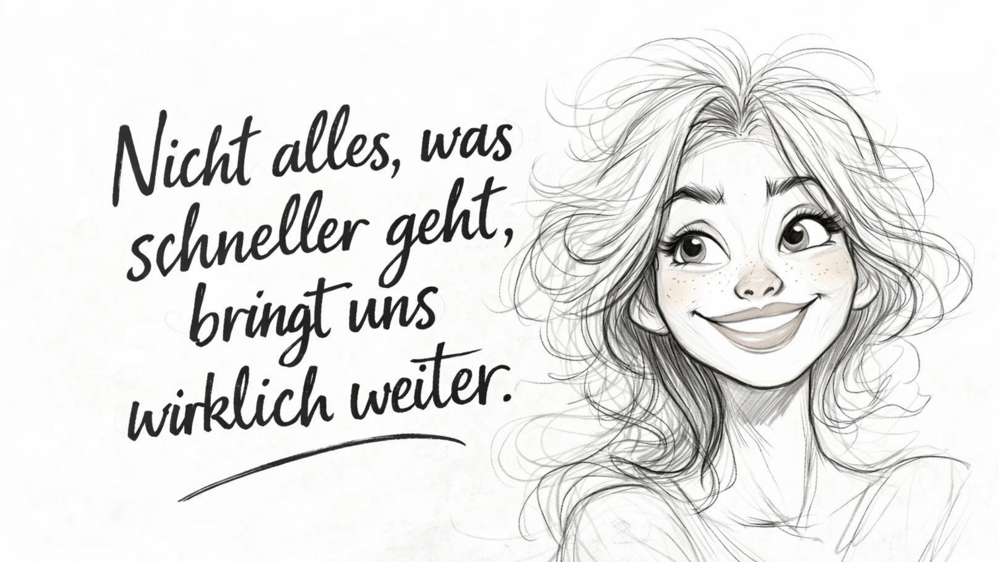 Bleistiftzeichnung einer freundlichen Frau daneben ein Zitat: Nicht alles was schneller geht, bringt wirklich weiter.
