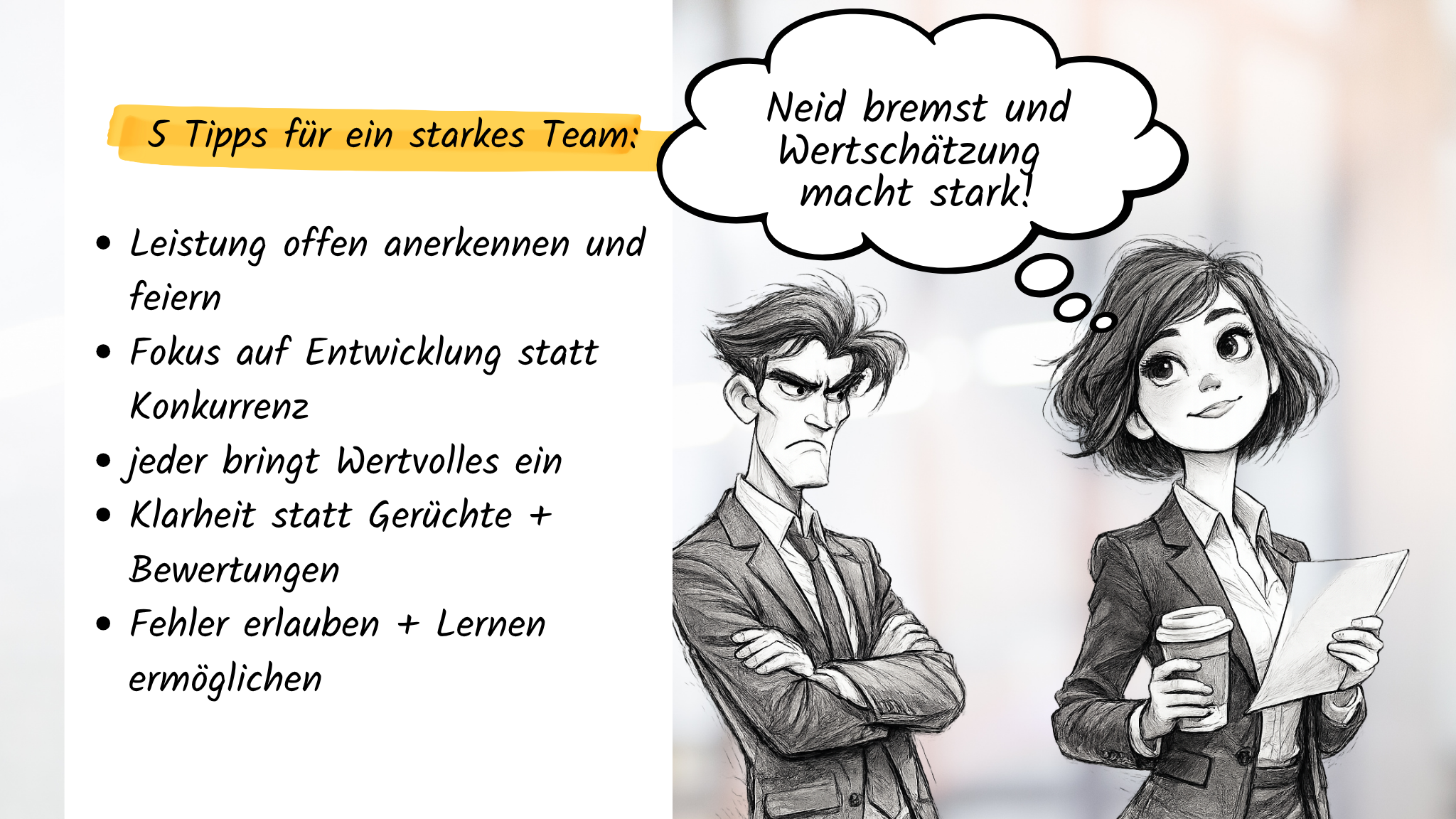Eine selbstbewusste Frau im Business-Outfit hält Kaffee und Unterlagen in der Hand und blickt ruhig nach vorn. Neben ihr steht ein Mann mit verschränkten Armen und einem missgünstigen Blick – er wirkt neidisch auf ihren Erfolg. In einer Sprechblase steht: „Neid bremst und Wertschätzung macht stark!“ Links im Bild sind fünf Tipps für ein starkes Team aufgelistet, darunter Anerkennung von Leistung, Fokus auf Entwicklung, klare Kommunikation und eine offene Fehlerkultur.