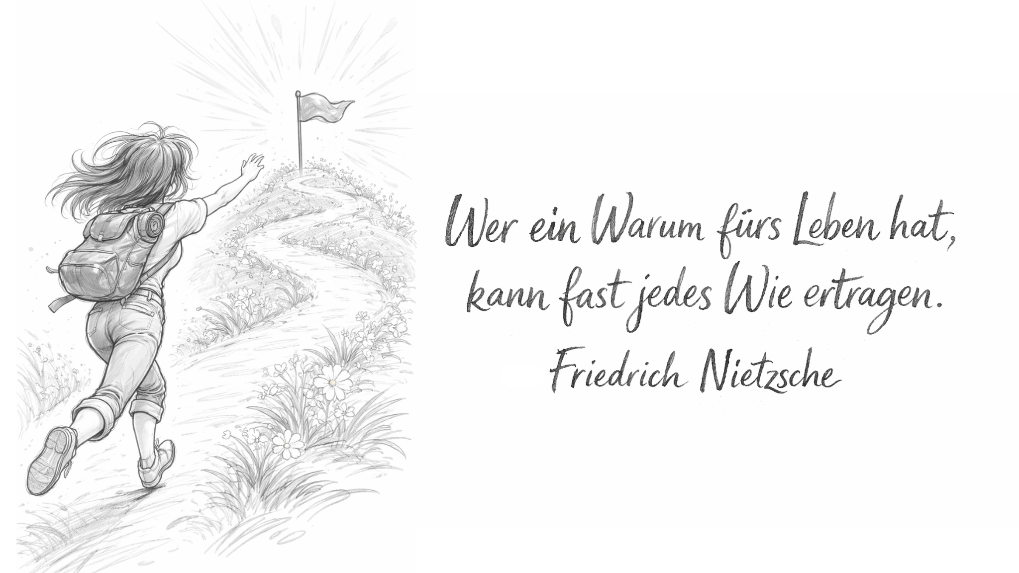 Bleistiftzeichnung einer Frau, die einen Weg hinauf zu einem Ziel läuft (Flagge auf einem Hügel), kombiniert mit einem handgeschriebenen Zitat von Friedrich Nietzsche: „Wer ein Warum fürs Leben hat, kann fast jedes Wie ertragen.“
