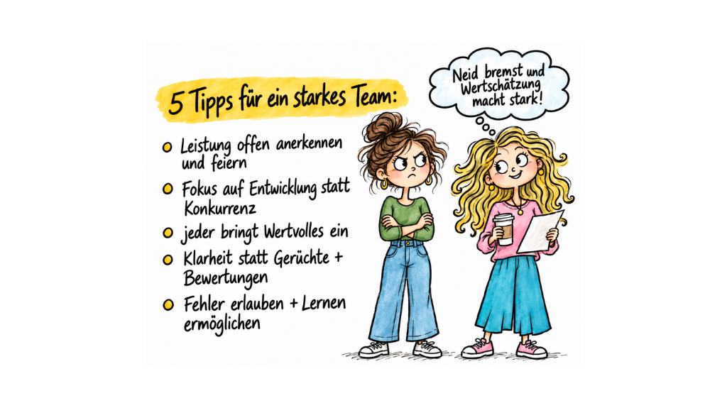 Illustration mit weißem Hintergrund: Links stehen fünf Tipps für ein starkes Team, darunter Leistung offen anerkennen und feiern, Entwicklung statt Konkurrenz fördern, den Wert jedes Einzelnen sehen, Klarheit statt Gerüchte und Bewertungen schaffen sowie Fehler erlauben und Lernen ermöglichen. Rechts stehen zwei gezeichnete Frauen nebeneinander. Die Frau im grünen Pullover hat die Arme verschränkt und wirkt skeptisch, die Frau daneben lächelt, hält einen Kaffeebecher und ein Blatt Papier. In einer Gedankenblase steht: „Neid bremst und Wertschätzung macht stark!“