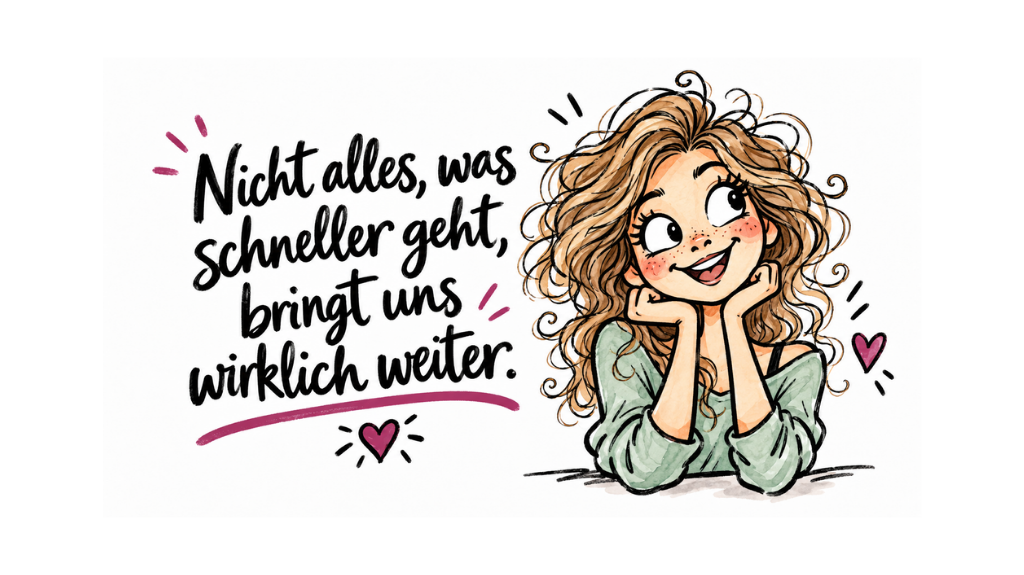 Bleistiftzeichnung einer freundlichen Frau daneben ein Zitat: Nicht alles was schneller geht, bringt wirklich weiter.