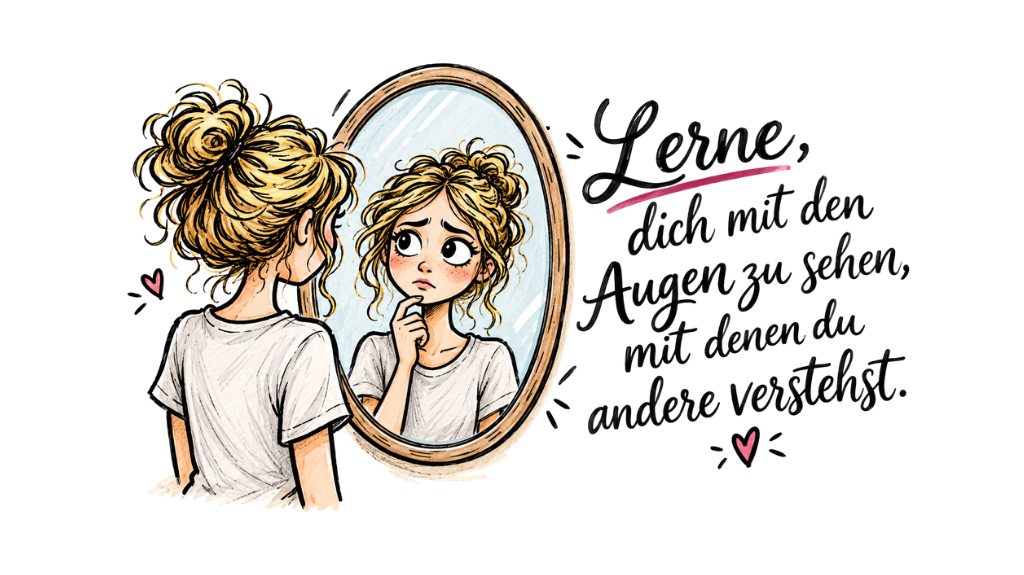 Mädchen schaut in den Spiegel, daneben ein Zitat: Lerne dich mit den Augen zu sehen, mit denen du andere verstehst.