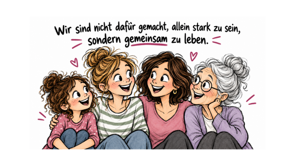 Illustration auf weißem Hintergrund: Vier Frauen verschiedener Generationen sitzen eng beieinander, lächeln sich an und wirken verbunden und fröhlich. Kleine pinke Herzen betonen die Gemeinschaft. Darüber steht: „Wir sind nicht dafür gemacht, allein stark zu sein, sondern gemeinsam zu leben.“