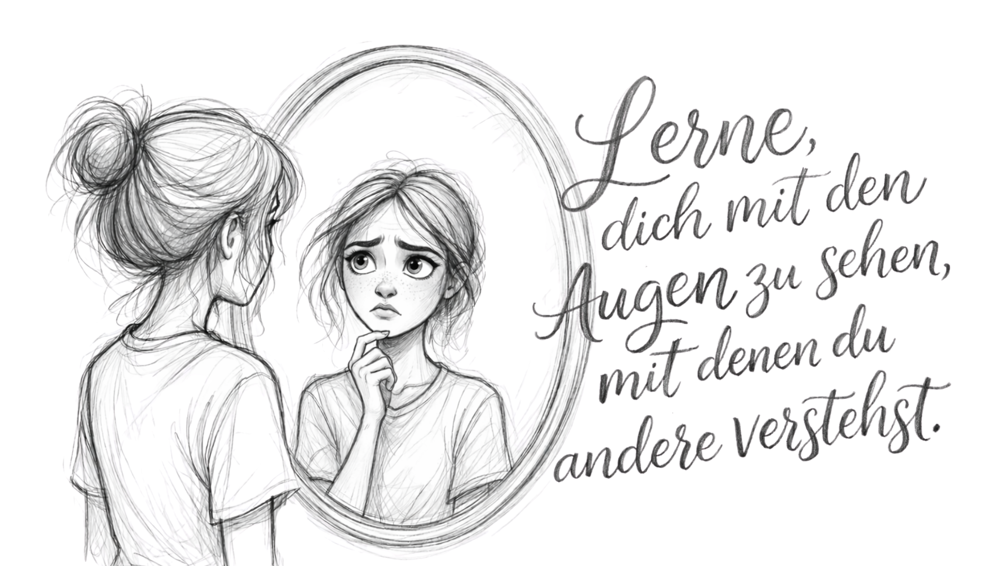Mädchen schaut in den Spiegel, daneben ein Zitat: Lerne dich mit den Augen zu sehen, mit denen du andere verstehst.