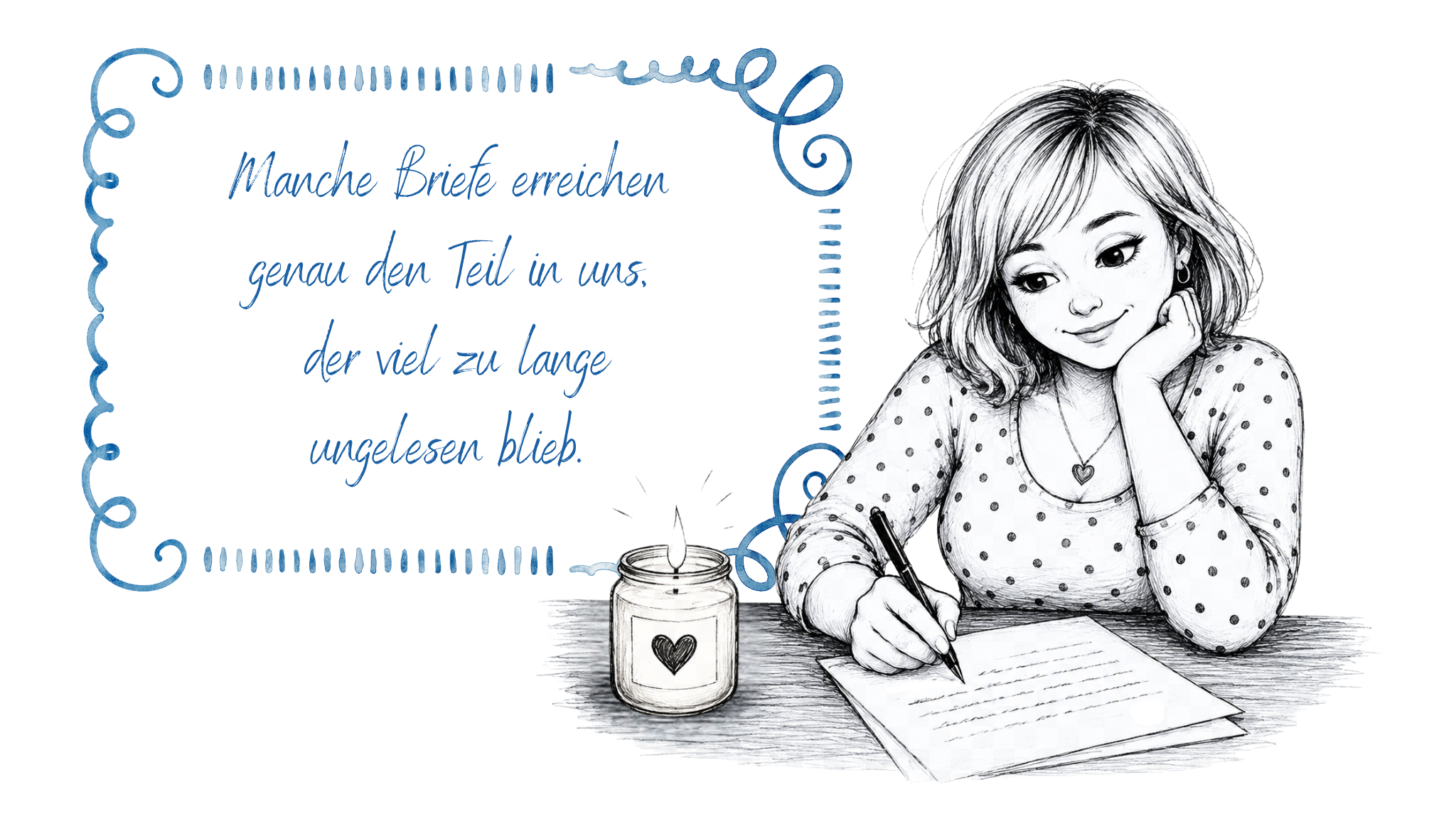 Illustration einer nachdenklichen Frau mit gepunktetem Oberteil, die bei Kerzenschein einen Brief schreibt. Daneben steht in handgeschriebenem Stil das Zitat: „Manche Briefe erreichen genau den Teil in uns, der viel zu lange ungelesen blieb.“