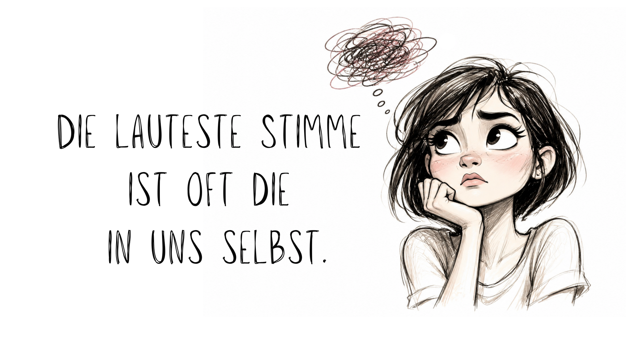 Illustration einer nachdenklichen jungen Frau im skizzenhaften Cartoon-Stil mit großen ausdrucksstarken Augen, leicht geröteten Wangen und kurzem dunklem Haar. Über ihrem Kopf schwebt ein chaotisches Gedankenknäuel in Bordeauxrot und Schwarz als Symbol für Grübeln und innere Unruhe. Links daneben steht der handgeschriebene Satz: „Die lauteste Stimme ist oft die in uns selbst.“ auf hellem, minimalistischen Hintergrund.