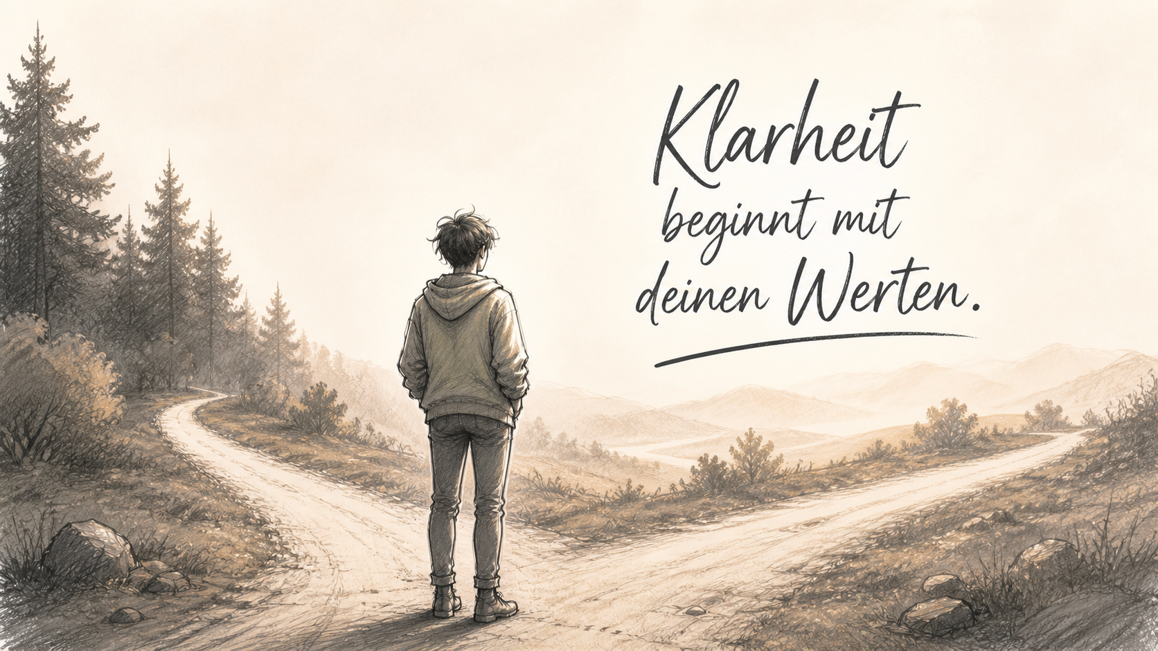 Eine Person steht an einer Weggabelung in einer ruhigen, leicht nebligen Landschaft und blickt auf zwei unterschiedliche Wege. Im Bild steht der handgeschriebene Satz: „Klarheit beginnt mit deinen Werten.“