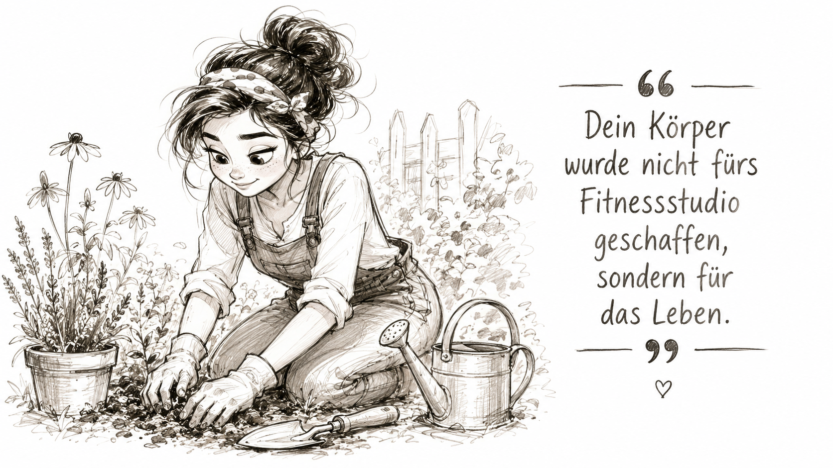 Skizzenhafte Cartoon-Illustration im handgezeichneten Disney-Stil: Eine lächelnde junge Frau kniet in einem Gartenbeet und pflanzt Blumen. Neben ihr stehen eine Gießkanne und Gartengeräte. Die Zeichnung besteht aus dynamischen Bleistiftlinien, weicher Schraffur und papierartiger Struktur. Rechts im Bild steht das Zitat: ‚Dein Körper wurde nicht fürs Fitnessstudio geschaffen, sondern für das Leben.