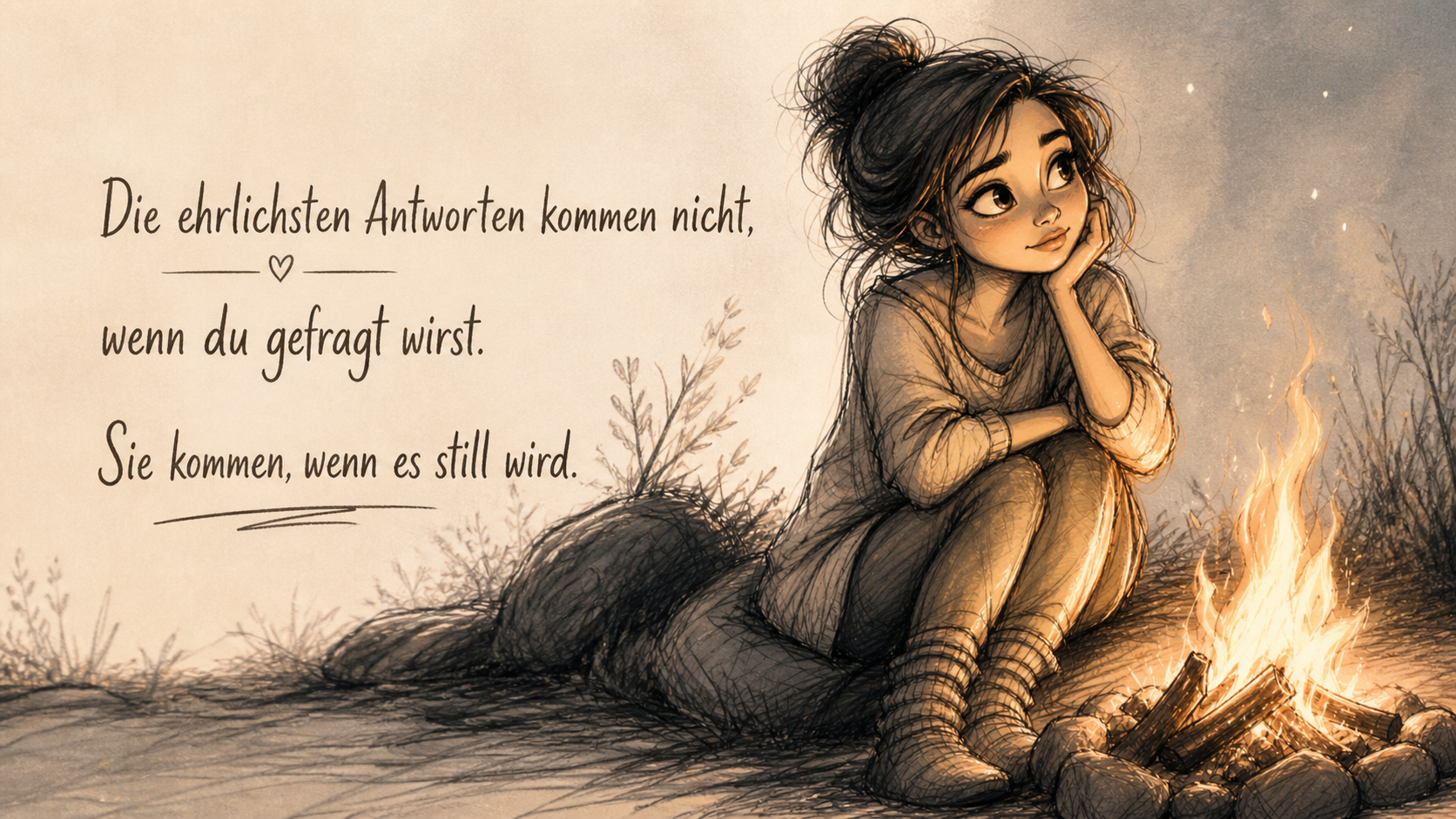 Illustration im skizzenhaften Cartoon-Stil: Eine junge Frau sitzt nachdenklich an einem kleinen Lagerfeuer in der Nacht, das warme Licht der Flammen beleuchtet ihr Gesicht. Sie hat große, ausdrucksstarke Augen und stützt ihren Kopf auf die Hand, während sie ruhig ins Leere blickt. Links im Bild steht ein Zitat: „Die ehrlichsten Antworten kommen nicht, wenn du gefragt wirst. Sie kommen, wenn es still wird.“ Die Szene wirkt ruhig, introspektiv und warm.
