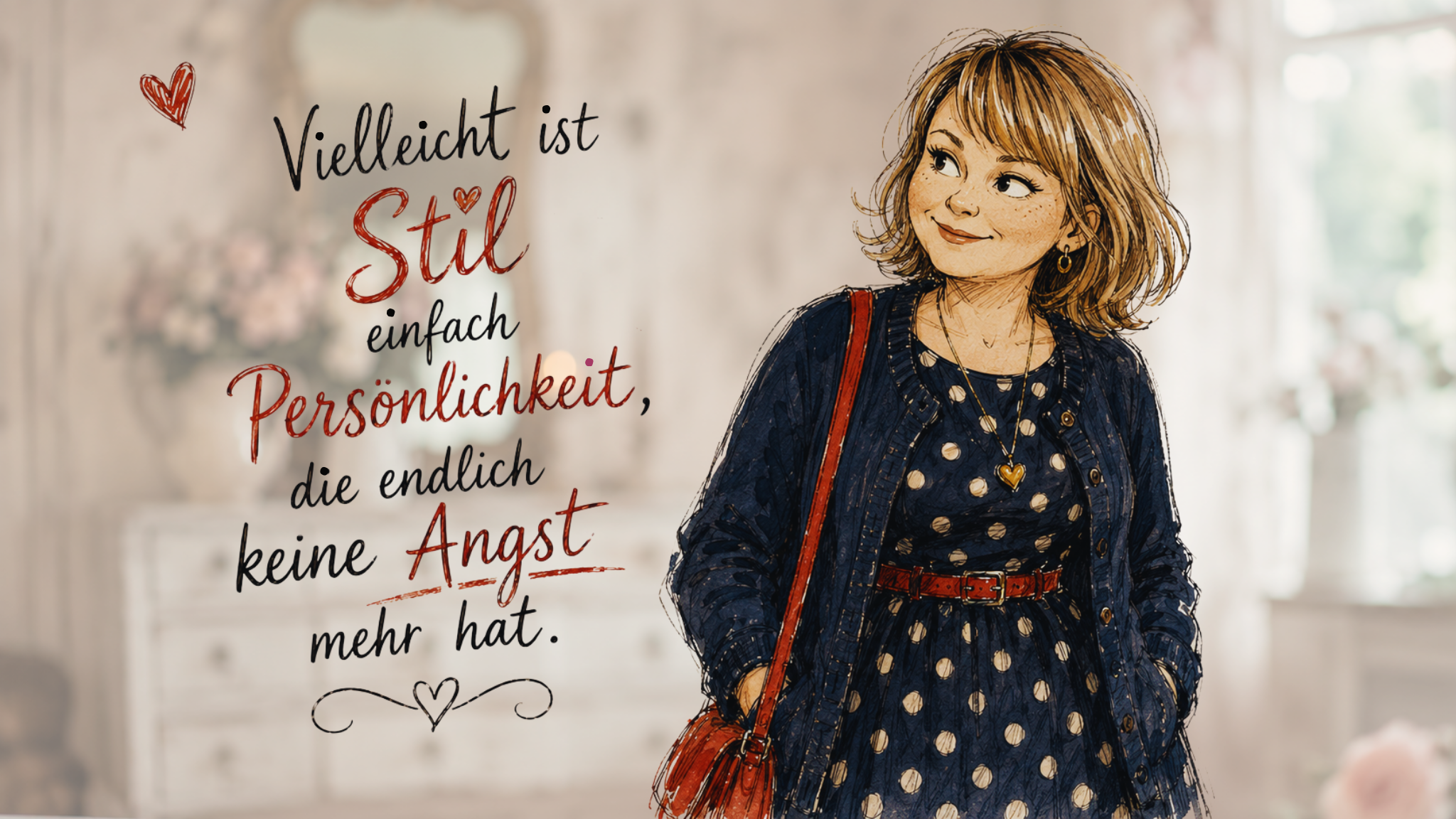 Illustration einer jungen Frau im verspielten Retro-Stil mit dunkelblauem Kleid mit weißen Punkten, rotem Gürtel und roter Tasche vor einem verschwommenen Shabby-Chic-Hintergrund. Neben ihr steht der handgeschriebene Satz: „Vielleicht ist Stil einfach Persönlichkeit, die endlich keine Angst mehr hat.“