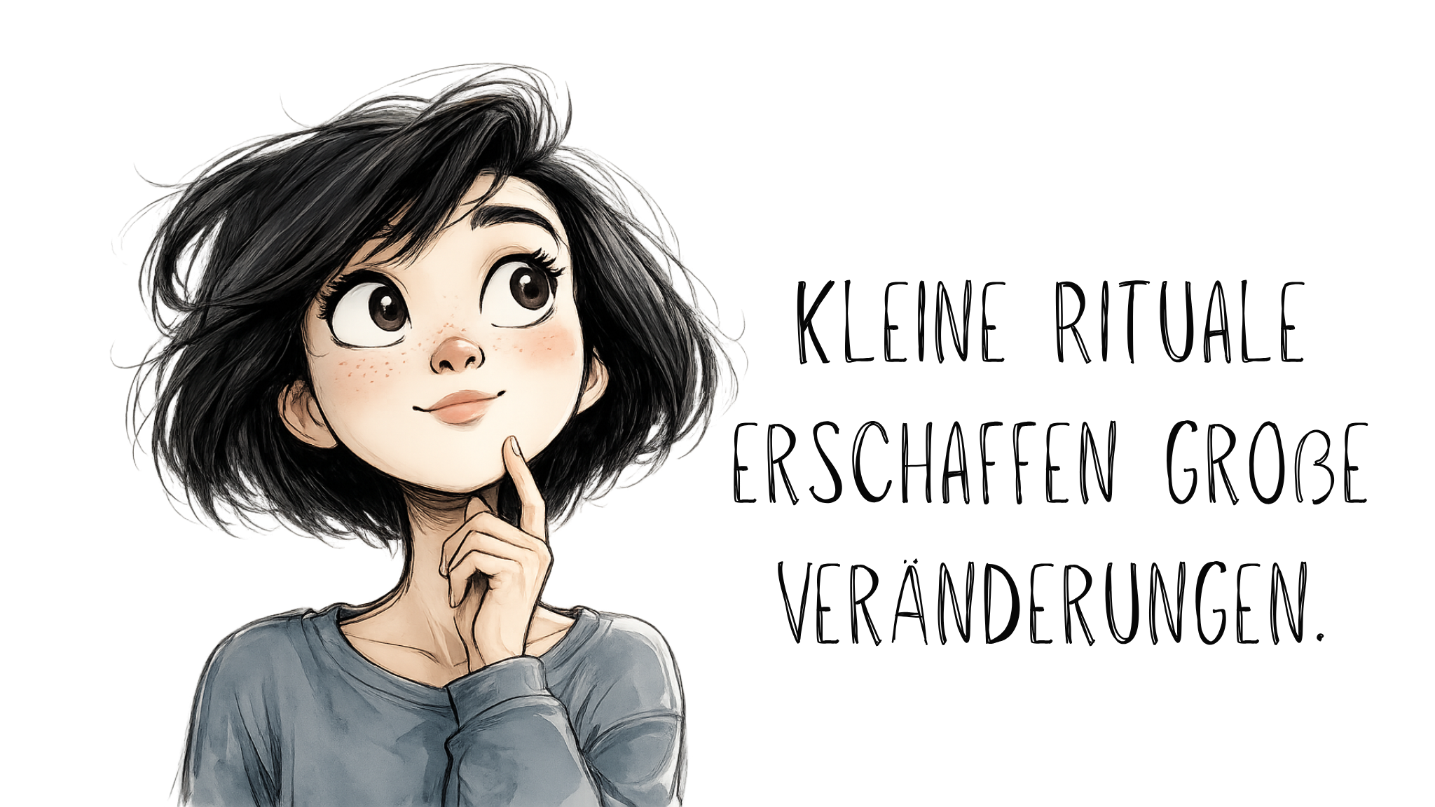 Illustration einer nachdenklich blickenden jungen Frau mit kurzen schwarzen Haaren und großen Augen auf hellem Hintergrund. Neben ihr steht der handgeschriebene Text „Kleine Rituale erschaffen große Veränderungen“, darüber eine gezeichnete gelbe Glühbirne als Symbol für Ideen und Gewohnheiten.