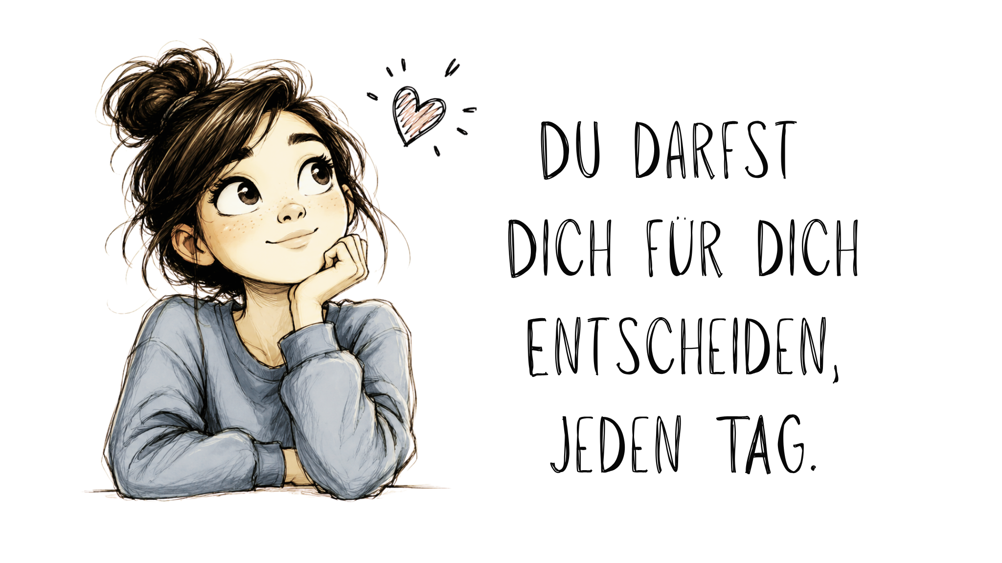 Illustration einer nachdenklich wirkenden jungen Frau mit dunklem Dutt und großen Augen. Sie stützt ihr Kinn auf die Hand und blickt leicht nach oben. Über ihr schwebt ein gezeichnetes Herzsymbol. Rechts daneben steht der Schriftzug: „Du darfst dich für dich entscheiden, jeden Tag.“ Die Illustration ist im handgezeichneten Aquarell- und Skizzenstil mit weichen Farben gehalten.