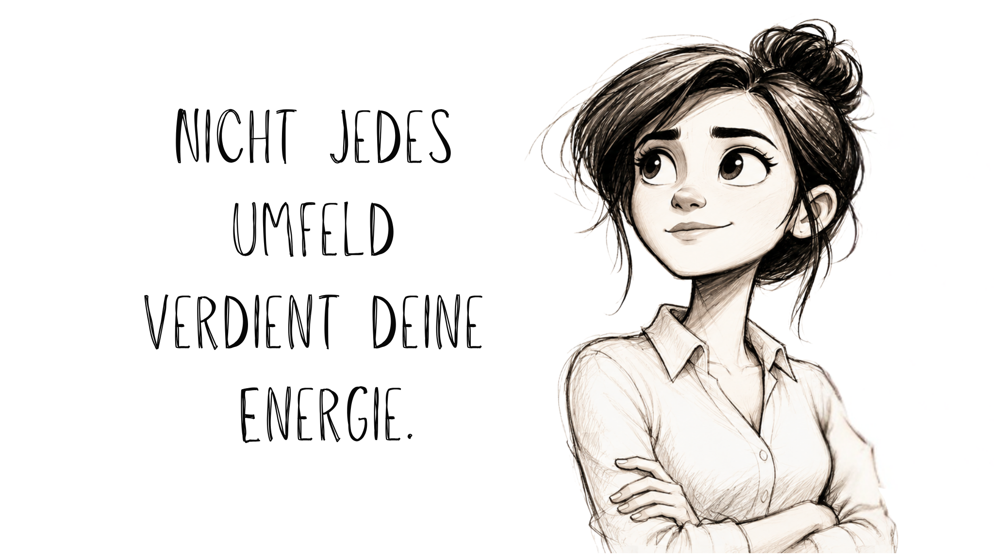 Eine handgezeichnete Illustration im skizzenhaften Schwarz-Weiß-Stil zeigt eine junge Frau mit lockerem Dutt und heller Bluse. Sie steht mit verschränkten Armen ruhig und selbstsicher im Bild und blickt leicht zur Seite. Links neben ihr steht in großer handschriftlicher Typografie der Satz: „Nicht jedes Umfeld verdient deine Energie.“ Die Zeichnung wirkt weich, ruhig und emotional reflektiert.