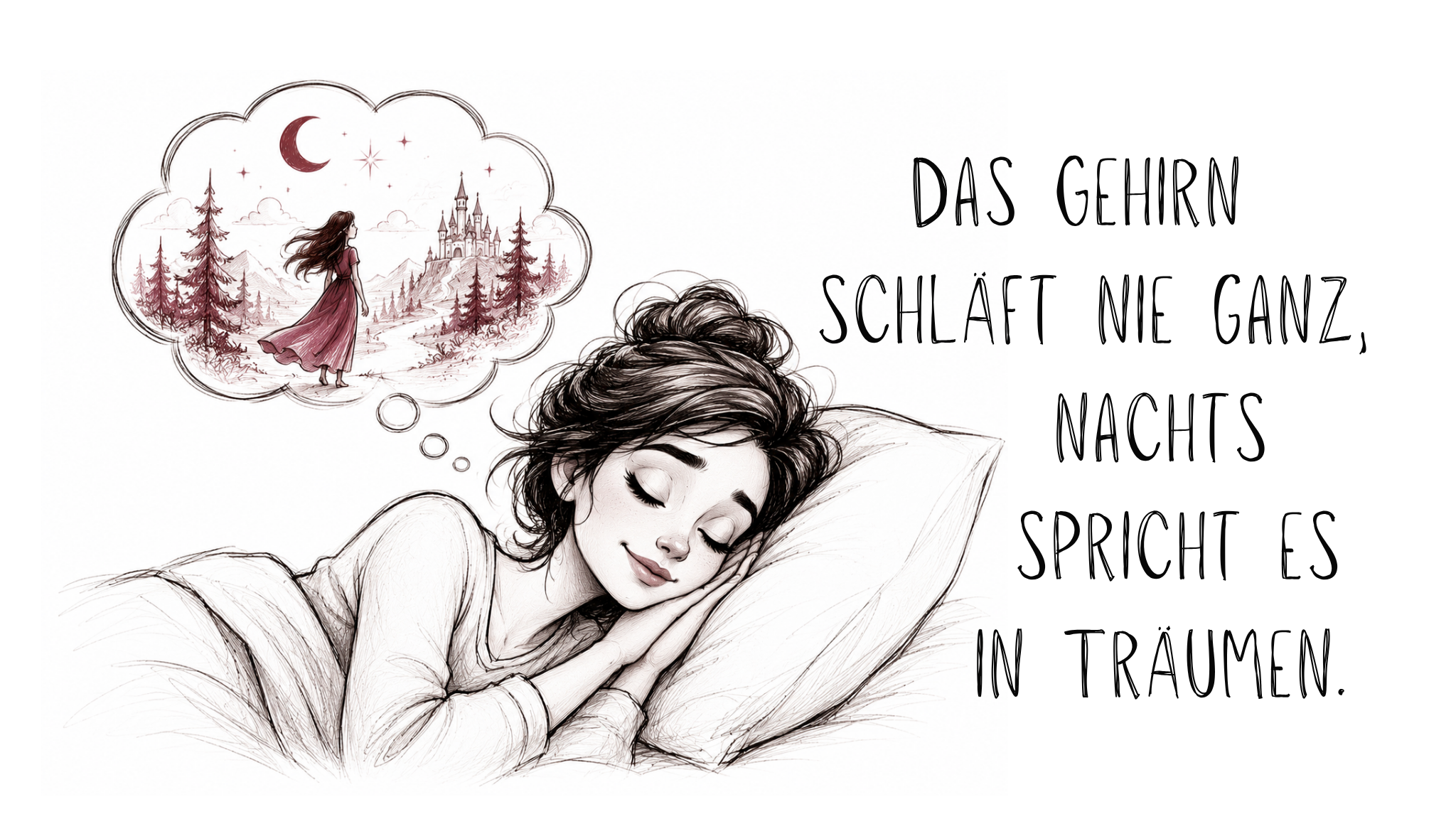 Illustration einer schlafenden Frau im Bett mit geschlossenen Augen. Über ihrem Kopf ist eine Traumblase mit einer nächtlichen Landschaft, Mond und einer gehenden Figur zu sehen. Rechts daneben steht der Text: „Das Gehirn schläft nie ganz, nachts spricht es in Träumen.“